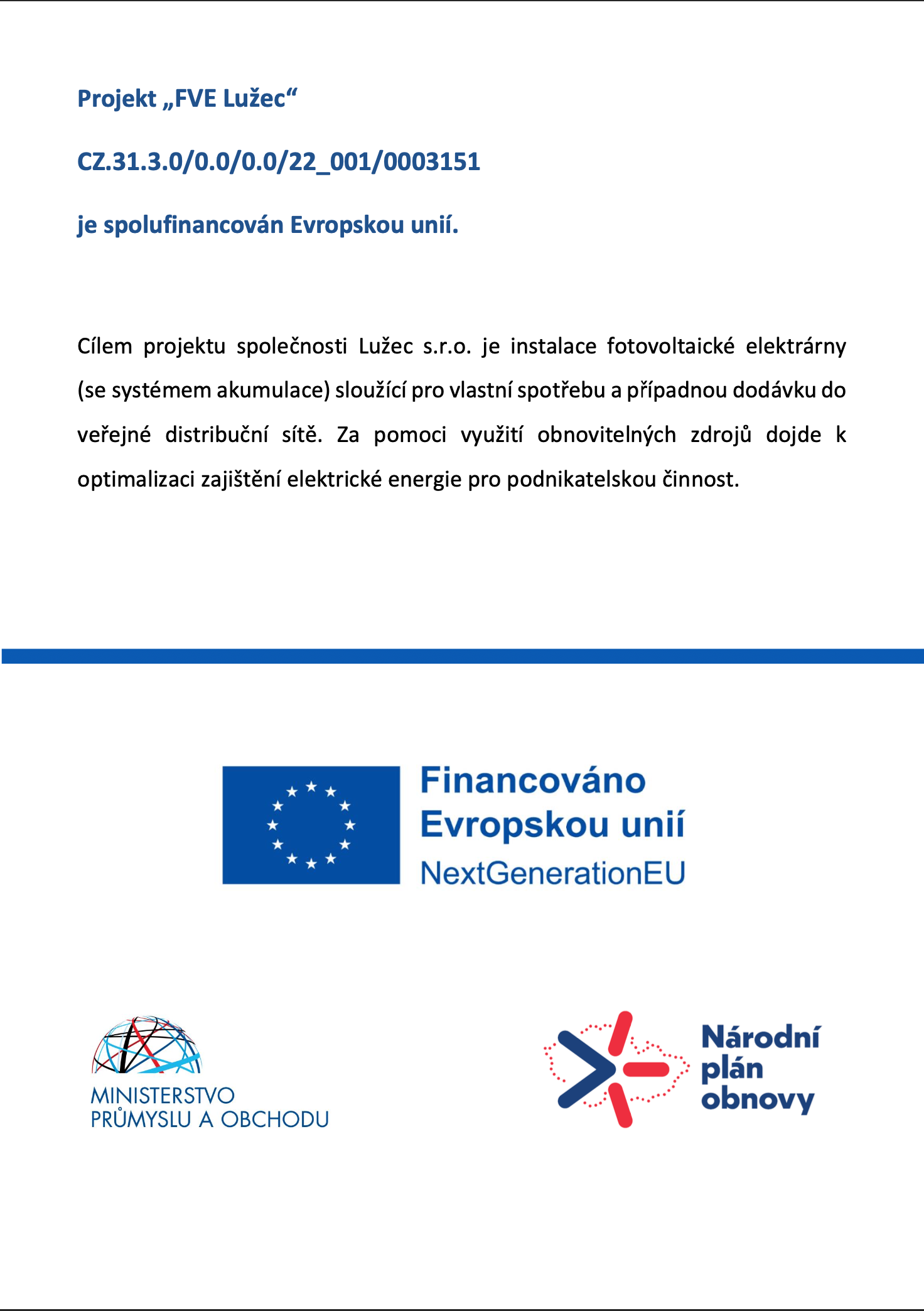 Plakát projektu FVE Lužec – spolufinancováno Evropskou unií, NextGenerationEU